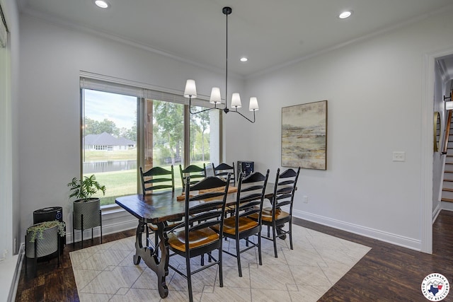 8203 Teal Rd, Texarkana, TX 75503 - dining space with ornamental molding, a chandelier, recessed lighting, wood finished floors, and stairs