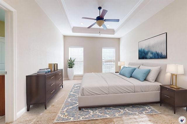 5005 Hidden Acres Dr, Texarkana, TX 75503 - bedroom featuring a raised ceiling, light colored carpet, and a ceiling fan