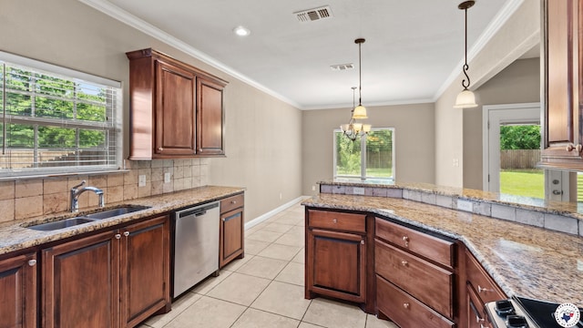 5005 Hidden Acres Dr, Texarkana, TX 75503 - kitchen featuring dishwasher, plenty of natural light, light tile patterned flooring, light stone counters, and ornamental molding