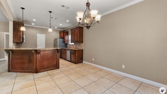 5005 Hidden Acres Dr, Texarkana, TX 75503 - kitchen with stainless steel appliances, ornamental molding, light tile patterned floors, light stone counters, and backsplash