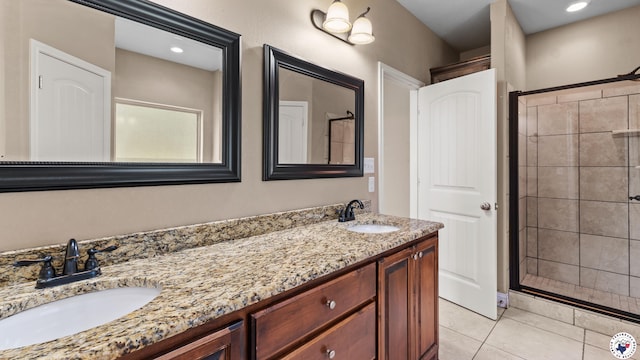 5005 Hidden Acres Dr, Texarkana, TX 75503 - full bathroom with double vanity, tiled shower, and tile patterned flooring