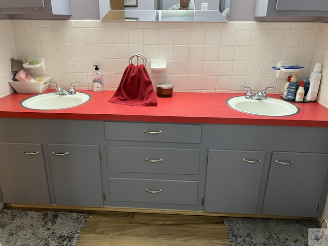 bathroom featuring vanity, backsplash, and wood-type flooring