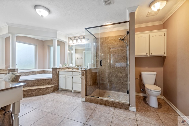 full bathroom with shower with separate bathtub, ornate columns, crown molding, tile patterned floors, and vanity