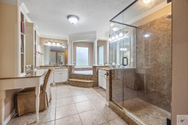 bathroom featuring shower with separate bathtub, crown molding, and a textured ceiling