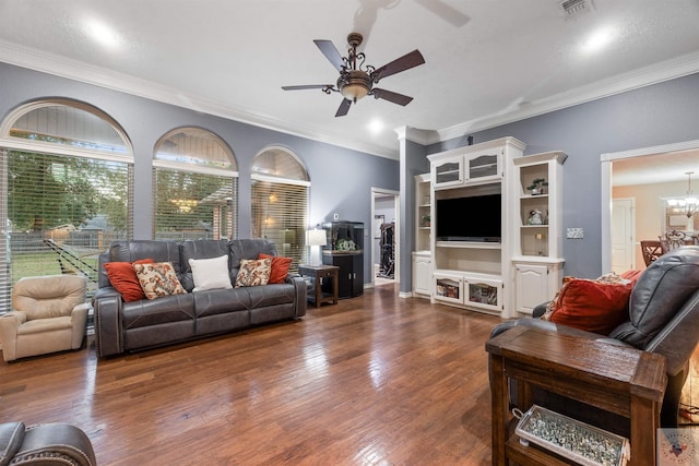 living room featuring crown molding, ceiling fan with notable chandelier, and dark hardwood / wood-style flooring