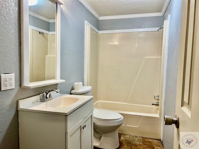 6379 Mc 10, Fouke, AR 71837 - bathroom with a textured wall, ornamental molding, vanity, toilet, and shower / bathtub combination