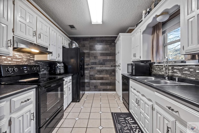 kitchen with white cabinetry, sink, decorative backsplash, light tile patterned floors, and black appliances