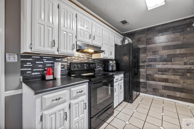 kitchen featuring white cabinetry, a textured ceiling, decorative backsplash, and black appliances