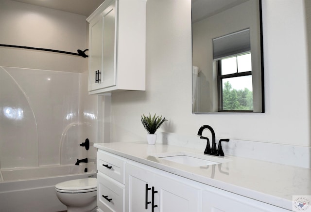 full bathroom with bathtub / shower combination, toilet, and vanity