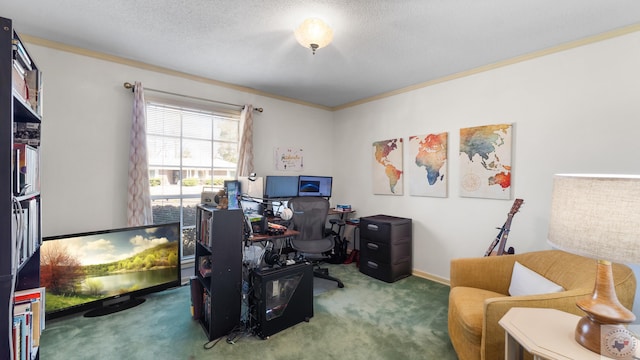 home office with baseboards, a textured ceiling, carpet, and ornamental molding