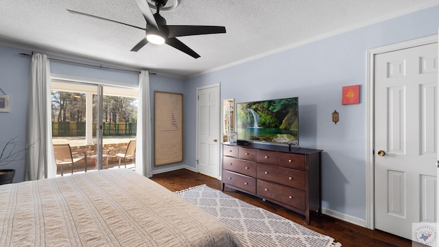 bedroom featuring access to exterior, a textured ceiling, dark wood-style floors, baseboards, and ceiling fan