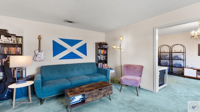 carpeted living room with baseboards, visible vents, and a chandelier