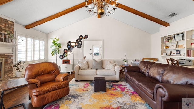 living room featuring visible vents, a brick fireplace, lofted ceiling with beams, and wood finished floors