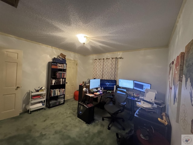 office featuring carpet floors, a textured ceiling, and ornamental molding