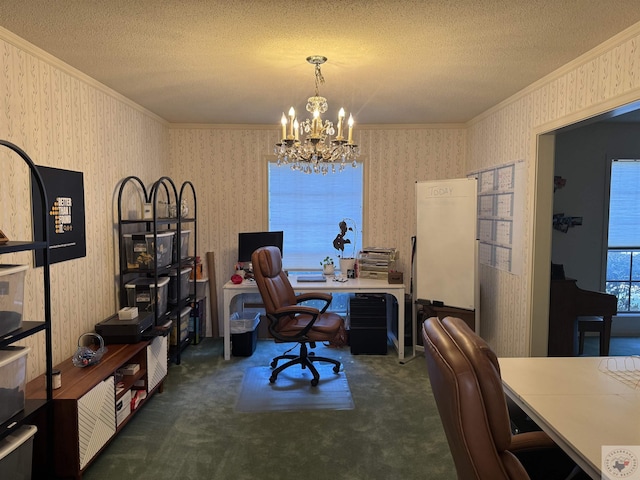 carpeted office featuring a textured ceiling, crown molding, and a chandelier