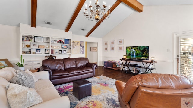 living area featuring visible vents, beamed ceiling, dark wood finished floors, and an inviting chandelier