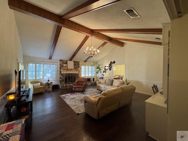 living room featuring a notable chandelier, a textured ceiling, a brick fireplace, vaulted ceiling with beams, and dark wood-type flooring