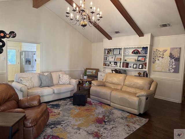 living room with dark wood-type flooring, lofted ceiling with beams, and a chandelier