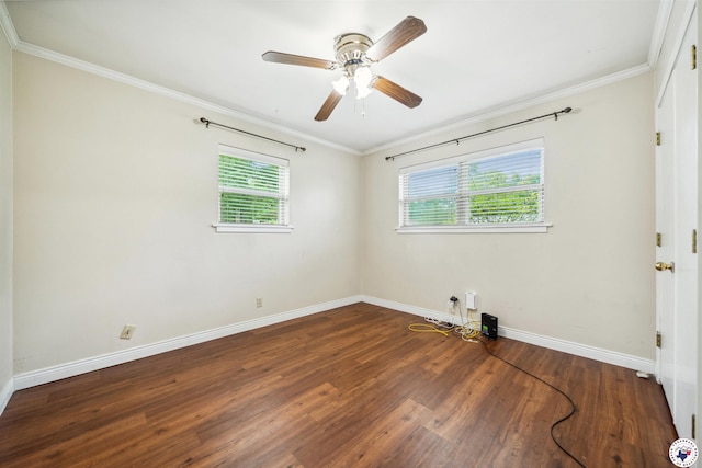 unfurnished room featuring baseboards, a ceiling fan, wood finished floors, and crown molding