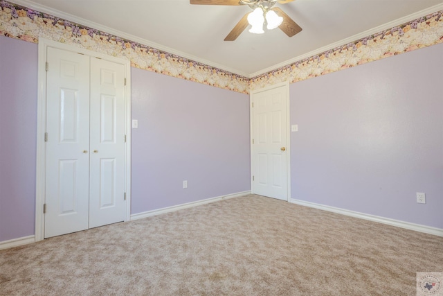 carpeted empty room with ceiling fan and ornamental molding