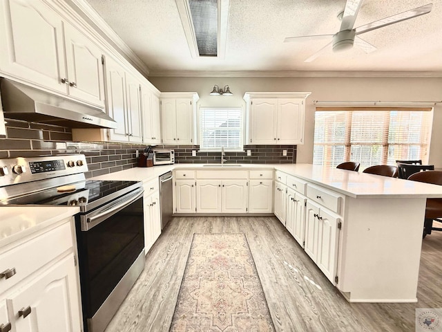 kitchen with a sink, a peninsula, under cabinet range hood, stainless steel appliances, and light wood-style floors