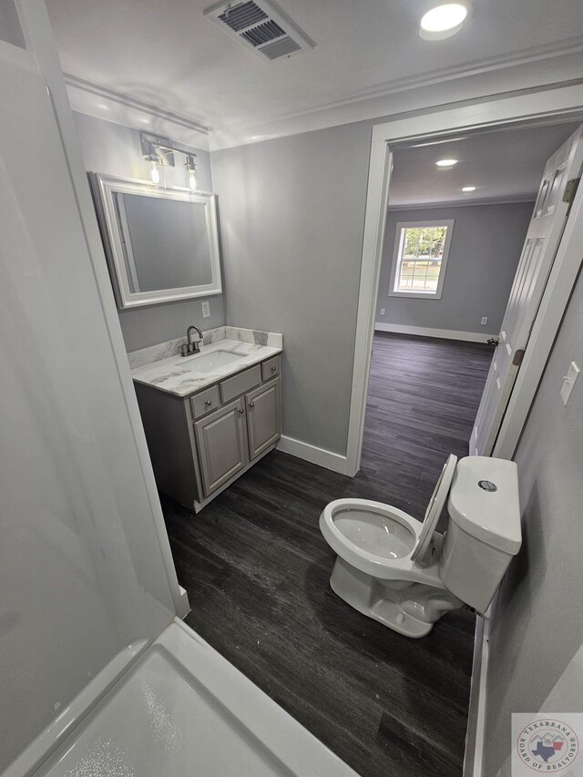 bathroom with wood-type flooring, toilet, and vanity