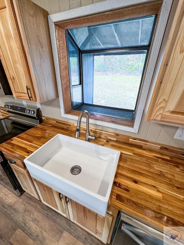 details with sink, light brown cabinets, and wooden walls