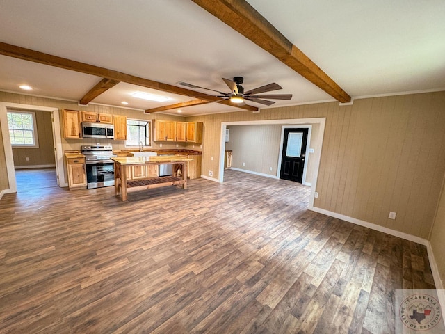 kitchen with beam ceiling, dark wood-type flooring, stainless steel appliances, and ceiling fan