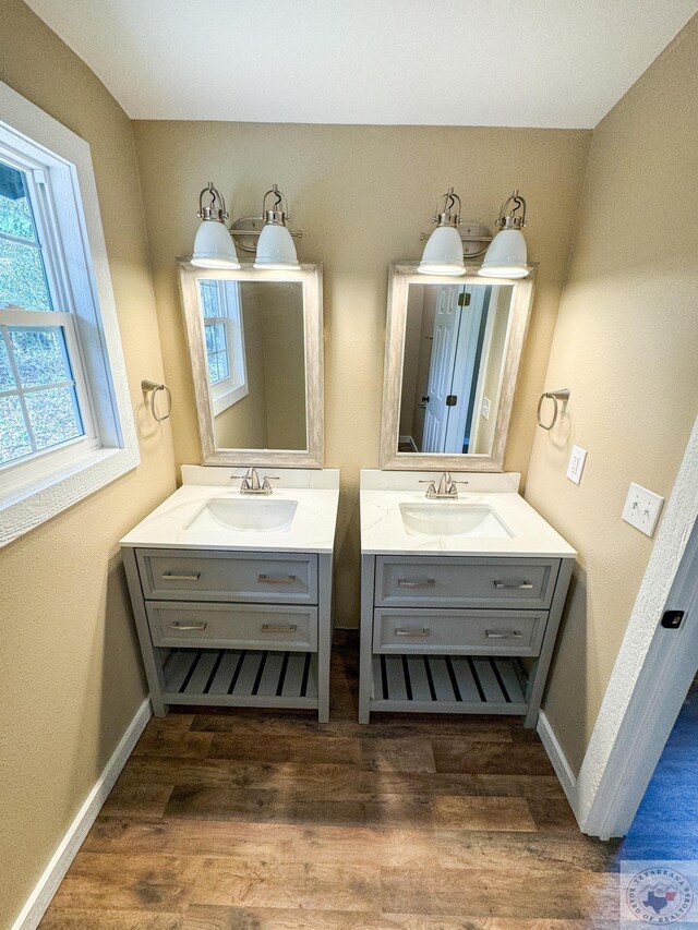 bathroom with hardwood / wood-style flooring and vanity