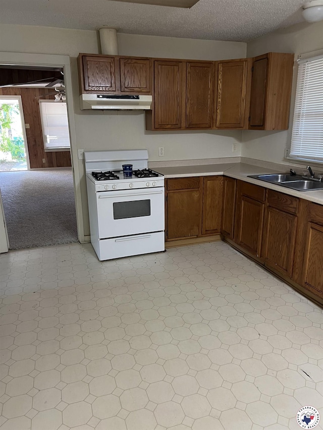 319 Crestview Rd, Texarkana, TX 75501 - kitchen featuring white range with gas cooktop, under cabinet range hood, a sink, plenty of natural light, and a textured ceiling