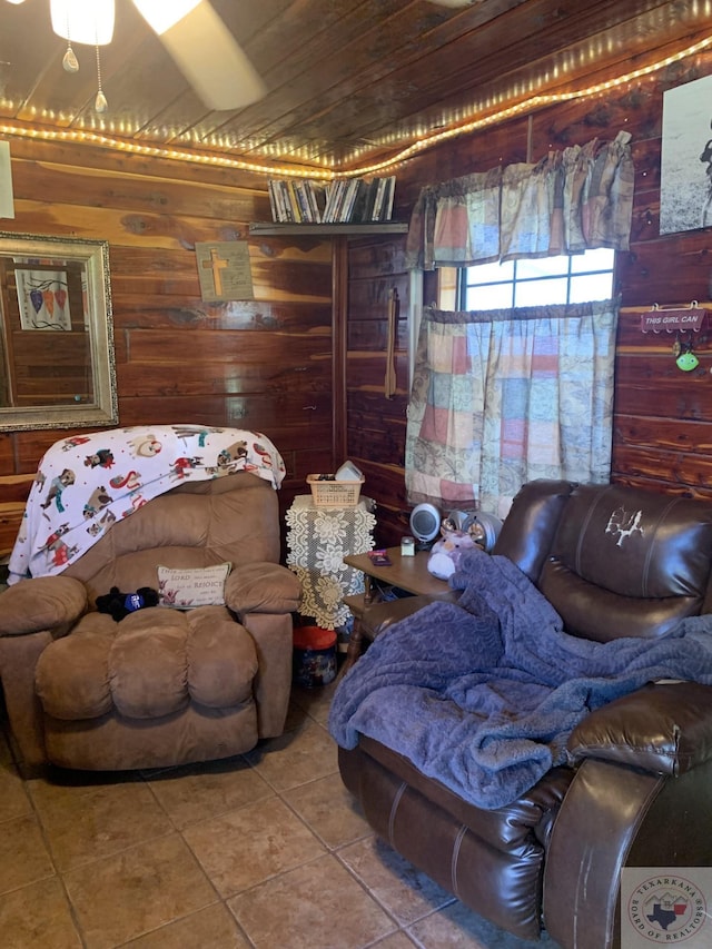 tiled living room with wood walls