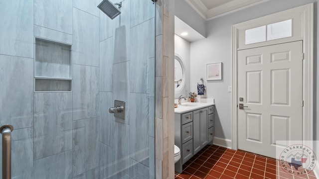 full bath with toilet, tile patterned floors, crown molding, vanity, and a shower stall