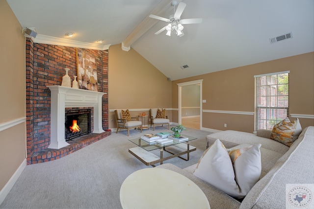 living room featuring light carpet, ceiling fan, vaulted ceiling with beams, and a brick fireplace