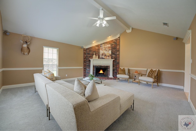 living room with a fireplace, ceiling fan, vaulted ceiling with beams, and light carpet