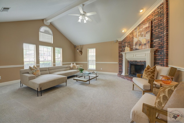 carpeted living room featuring ceiling fan, a brick fireplace, and vaulted ceiling with beams