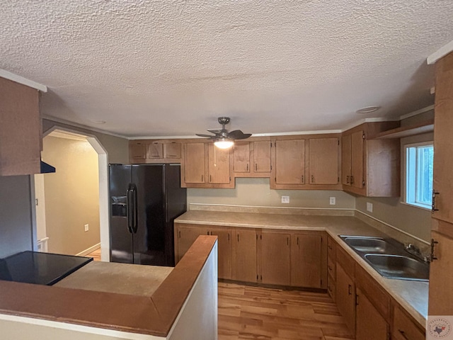 kitchen with a textured ceiling, sink, light wood-type flooring, black fridge, and ceiling fan