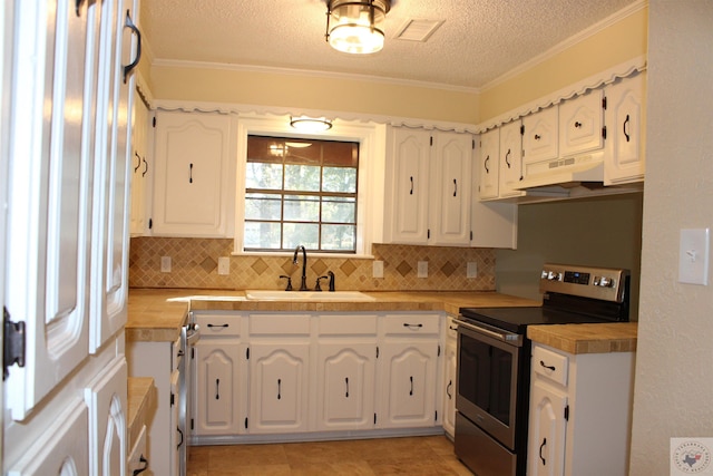 kitchen featuring stainless steel electric range oven, sink, white cabinets, ornamental molding, and decorative backsplash