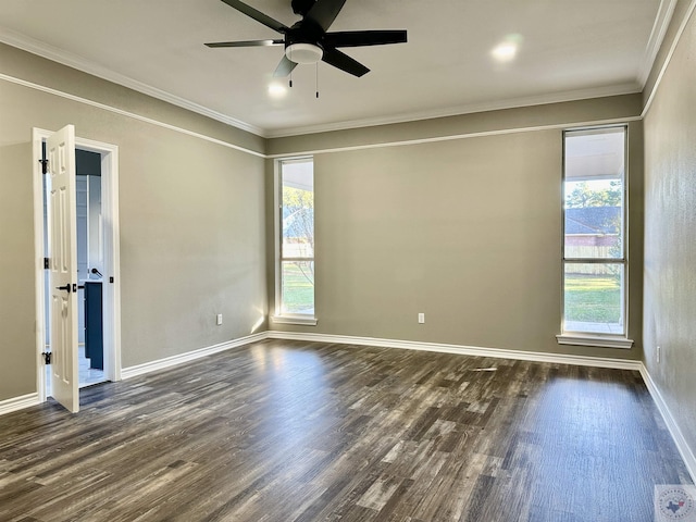 unfurnished room with ornamental molding, ceiling fan, and dark hardwood / wood-style flooring