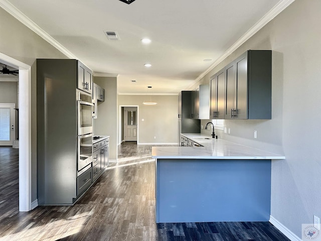 kitchen featuring sink, ornamental molding, kitchen peninsula, and dark hardwood / wood-style flooring