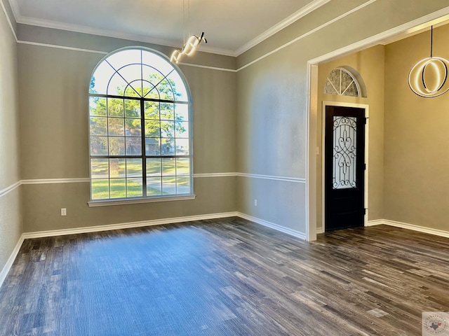 foyer entrance featuring crown molding and dark hardwood / wood-style flooring