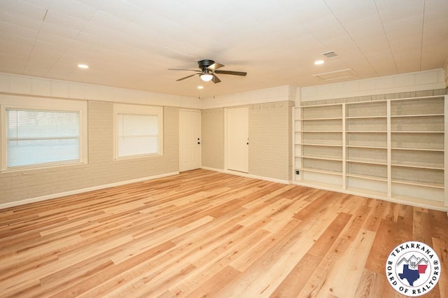 unfurnished room featuring light wood-style floors, recessed lighting, baseboards, and ceiling fan