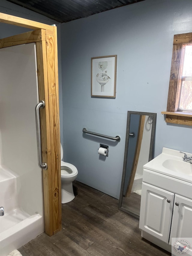 bathroom featuring vanity, toilet, and wood-type flooring