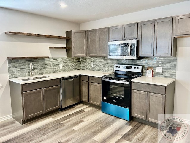 kitchen with sink, light hardwood / wood-style floors, decorative backsplash, and appliances with stainless steel finishes