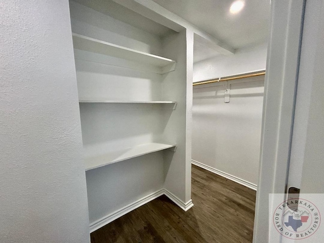 spacious closet with dark hardwood / wood-style floors