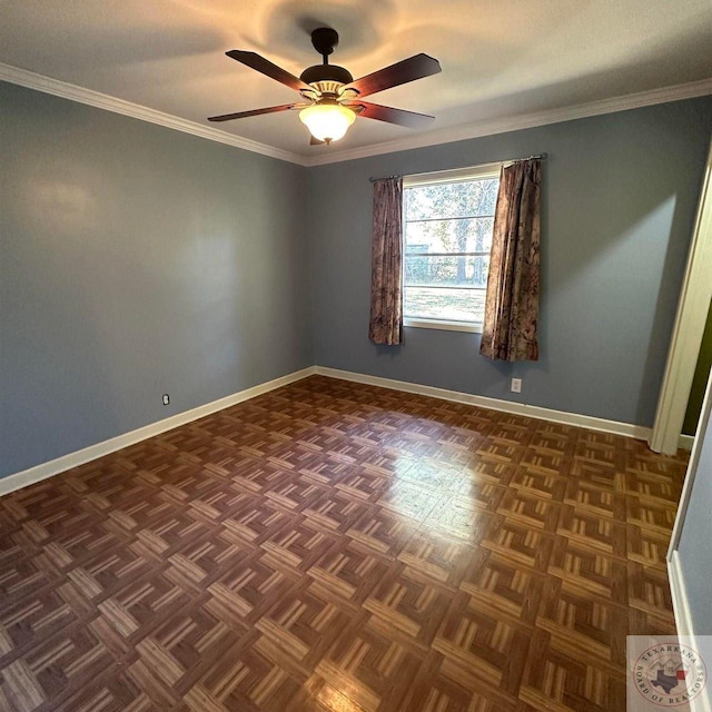 unfurnished room with crown molding, dark parquet floors, and ceiling fan