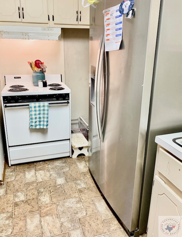 kitchen with stainless steel refrigerator with ice dispenser, white range with electric stovetop, and white cabinets