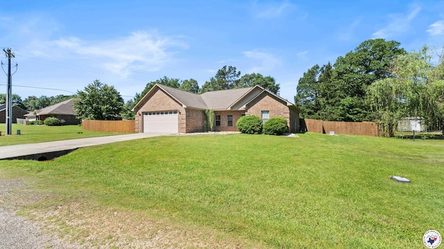 ranch-style house with driveway, brick siding, a front lawn, and fence