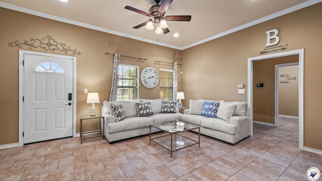 living room featuring a ceiling fan, recessed lighting, baseboards, and crown molding