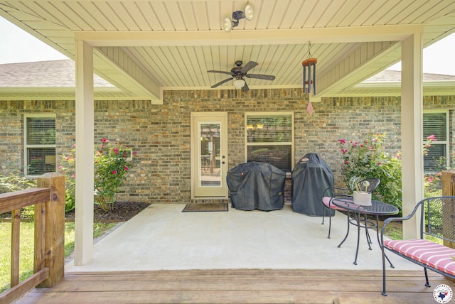 3428 Garrett Ln, Texarkana, TX 75503 - deck with grilling area, a ceiling fan, and a patio