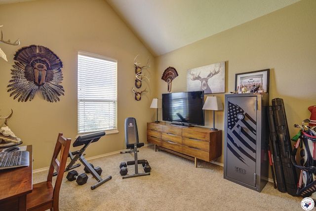 3428 Garrett Ln, Texarkana, TX 75503 - workout area featuring carpet flooring and vaulted ceiling